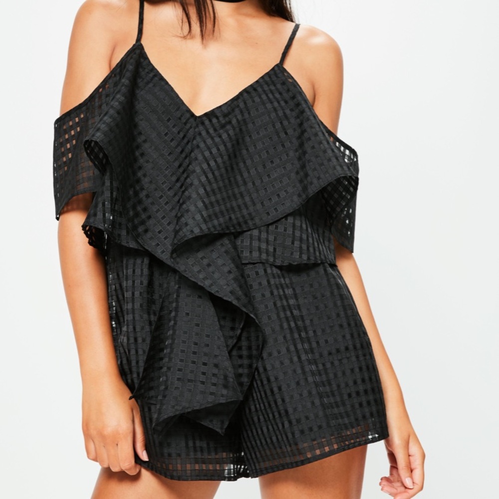 BLACK SHEER CHECK STRAPPY FRILL PLAYSUIT